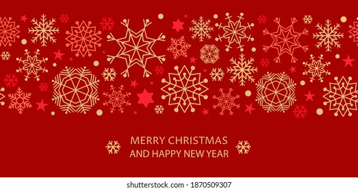 Gold and red seamless snowflake border, Christmas design for greeting card. Vector illustration, merry xmas snow flake header or banner, wallpaper or backdrop decor 