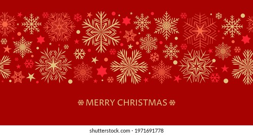 Gold and red seamless snowflake border, Christmas design for greeting card. Vector illustration, merry xmas snow flake header or banner, wallpaper or backdrop 