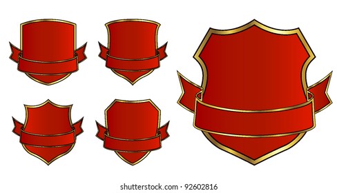 gold and red set of vector shields with ribbons