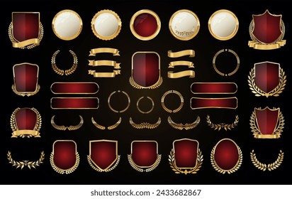 Gold and red shield badge and laurel wreath vector collection 