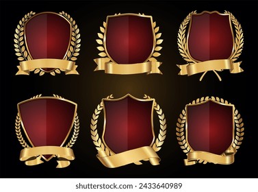 Gold and red shield and laurel wreath vector collection