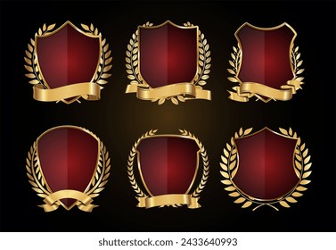 Colección vectorial de escudo dorado y rojo y corona de laurel