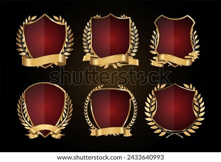 Gold and red shield and laurel wreath vector collection