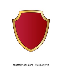 Gold and red shield shape icon. Logo emblem metallic sign isolated on white background. Shape shield symbol of security, protection or armor, safe. Shiny element design Vector illustration