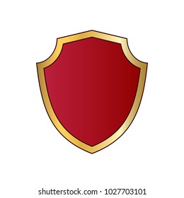 Gold and red shield shape icon. Logo emblem metallic sign isolated on white background. Shape shield symbol of security, protection or armor, safe. Shiny element design Vector illustration