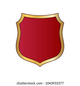 Gold and red shield shape icon. Logo emblem metallic sign isolated on white background. Shape shield symbol of security, protection or armor, safe. Shiny element design Vector illustration