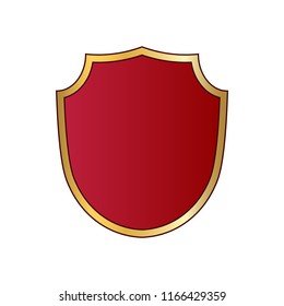 Gold and red shield shape icon. Logo emblem metallic sign isolated on white background. Shape shield symbol of security, protection or armor, safe. Shiny element design Vector illustration