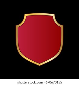 Gold and red shield shape icon. Logo emblem metallic sign isolated on black background. Shape shield symbol of security, protection or armor, safe. Shiny element design Vector illustration