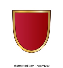 Gold and red shield shape icon. Logo emblem metallic sign isolated on white background. Shape shield symbol of security, protection or armor, safe. Shiny element design Vector illustration