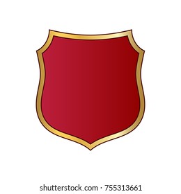Gold and red shield shape icon. Logo emblem metallic sign isolated on white background. Shape shield symbol of security, protection or armor, safe. Shiny element design Vector illustration