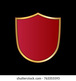 Gold and red shield shape icon. Logo emblem metallic sign isolated on black background. Shape shield symbol of security, protection or armor, safe. Shiny element design Vector illustration