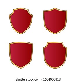 Gold and red shield shape icons set. Logo emblem metallic signs isolated on white background. Shape shield symbol of security, protection or armor, safe. Shiny element design Vector illustration
