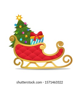 Gold and red sleigh Santa Claus with gifts and a Christmas tree with a garland on a white background. Xmas concept. flat vector illustration isolated on white background