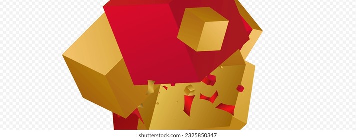 Gold and Red Square Flying Isolated Vector Panoramic Transparent Background. Golden Cube Falling Render Illustration. Yellow Confetti Art Design. Glitter Shape Realistic Banner.