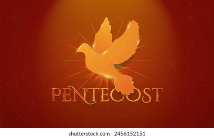 Gold and Red Symbolic Pentecost Sunday Greeting Art Banner. Gold artistic Dove Icon with glowing golden edges. Pentecost typography art on red background. Vector Illustration.	