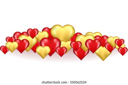 lot of gold and red three-dimensional hearts isolated on white background
