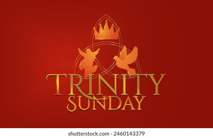 Gold and Red Trinity Sunday Banner Artwork. Metallic Trinity Sunday icons,  crown, Jesus Christ silhouette, holy spirit dove symbols in metal design with the outline of a triquetra. Typographic emblem