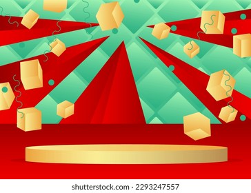Gold, red and turquoise stage showcase for presentation. Abstract cylinder pedestal podium. Vector mockup product display,  minimal geometric forms, empty scene.