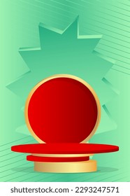 Gold, red and turquoise stage showcase for presentation. Abstract cylinder pedestal podium. Vector mockup product display,  minimal geometric forms, empty scene.