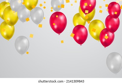 Gold and Red White balloons with confetti on white background. Celebration background design.
