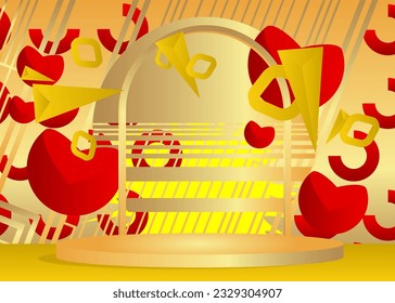Gold, red and yellow stage showcase for presentation. Vector mockup product display. Abstract cylinder pedestal podium, minimal geometric forms.