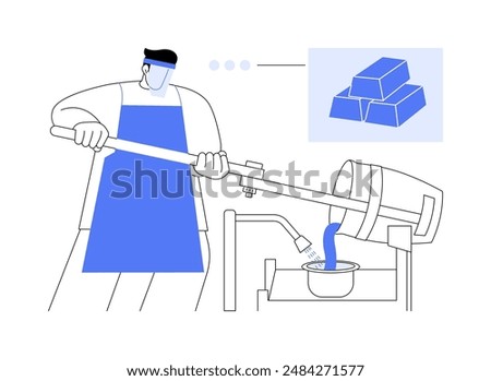 Gold refinery abstract concept vector illustration. Factory worker refines molten gold in hot furnace, raw materials industry, precious metals mining, making jewellery abstract metaphor.