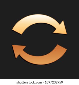 Gold Refresh icon isolated on black background. Reload symbol. Rotation arrows in a circle sign. Long shadow style. Vector.