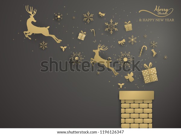 Gold Reindeer Snowflake Decoration Jump Chimney Stock Vector