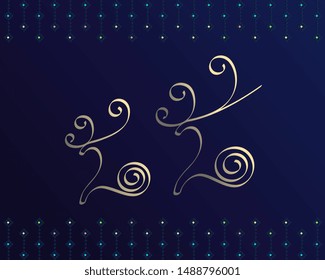 Gold reindeers silhouette 2020 elegant calligraphic design New Year symbol simplicity concept. Modern vector graphics decor. Linocut stamp for greeting cards, tags, gift wrapping, invitations, flyers