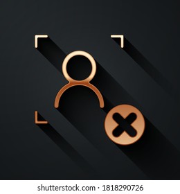 Gold Rejection face recognition icon isolated on black background. Face identification scanner icon. Facial id. Cyber security concept. Long shadow style. Vector