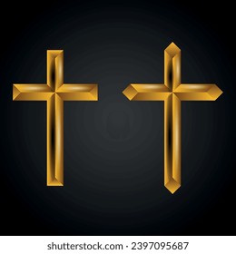 Cruces religiosos de oro aislados en un fondo oscuro.