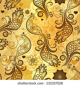 Gold repeating pattern with stylized birds and vintage flowers and hearts (vector eps 10)