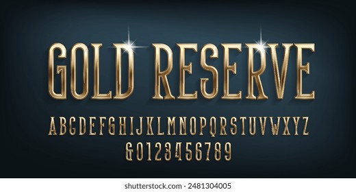 Gold Reserve alphabet font. 3d golden letters and numbers. Stock vector typeface for your design.