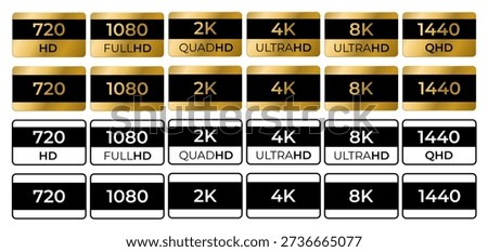 Gold Resolution Badges Pack | HD 4K 8K UHD QHD Video Quality Labels