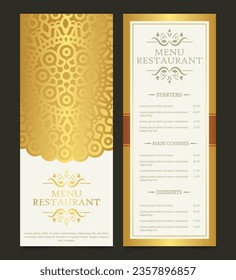 Gold restaurant menu with elegant ornamental style	