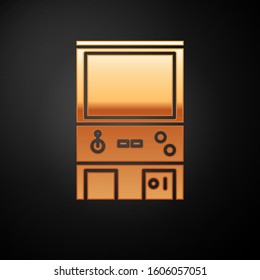 Gold Retro arcade game machine icon isolated on black background.  Vector Illustration