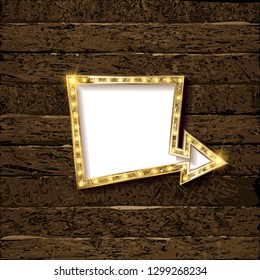 Gold Retro arrow with lights. Volumetric 3D character with an empty white background for your text message advertising. Sign isolated on wooden background. Vector illustration