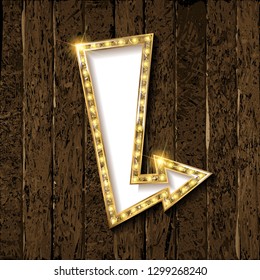 Gold Retro arrow with lights. Volumetric 3D character with an empty white background for your text message advertising. Sign isolated on wooden background. Vector illustration
