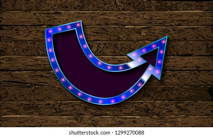 Gold Retro arrow with lights. Volumetric 3D character with an empty dark background for your text message advertising. Sign isolated on wooden background. Vector illustration