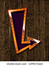 Gold Retro arrow with lights. Volumetric 3D character with an empty dark background for your text message advertising. Sign isolated on wooden background. Vector illustration