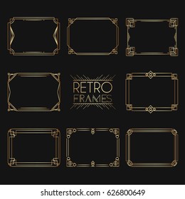 Gold retro frames. Style of 1920s. Collection of golden premium promo seals/stickers.