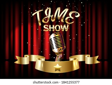 Gold retro microphone with text show time on red velvet curtains. Vector.