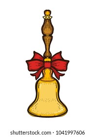 Gold retro school bell with red bow isolated on white. Hand drawn illustration equipment for education. Art College supplies
