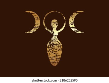 Gold Retro Vintage Wiccan Woman Logo Triple Moon Goddess, Spiral Of Fertility, Pagan Symbols, Cycle Of Life, Death And Rebirth. Wicca Mother Earth Symbol Of Sexual Procreation, Vector Icon Isolated