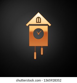 Gold Retro wall watch icon isolated on black background. Cuckoo clock sign. Antique pendulum clock. Vector Illustration