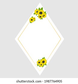 Gold rhombus frame with sunflowers. Flowers for a wedding invitation, happy birthday. Line vector illustration of doodles.