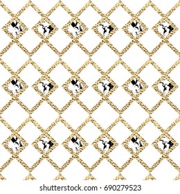 Gold rhombus with marble texture seamless pattern. 