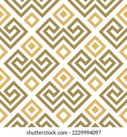 Goldenes, nahtloses Muster. Griechische goldene Ornamente auf weißem Hintergrund. Vektorwiederholen farbige Graustufen-Hintergrund. Modernes geometrisches Ornament mit griechischem Schlüssel, Mäander. Endlose Textur. Einzelnes Design.