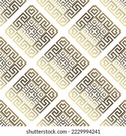Gold rhombus seamless pattern. Greek golden ornaments on white background. Vector repeat ornate greek backdrop. Modern geometric ornament with greek key, meanders. Endless texture. Isolated design.