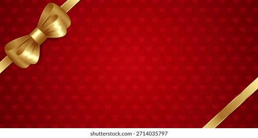 Cinta de oro y lazo 3D sobre un fondo rojo con corazones. Horizontal Anuncio festivo con espacio de copia. Día de San Valentín, boda, venta. Ilustración vectorial.